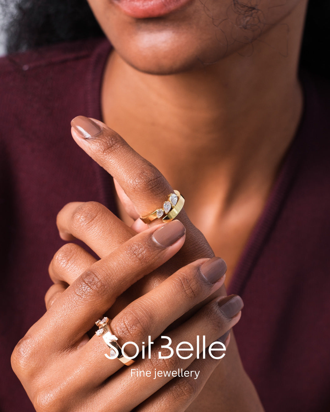 Model wearing marquise diamond rings by Soit Belle