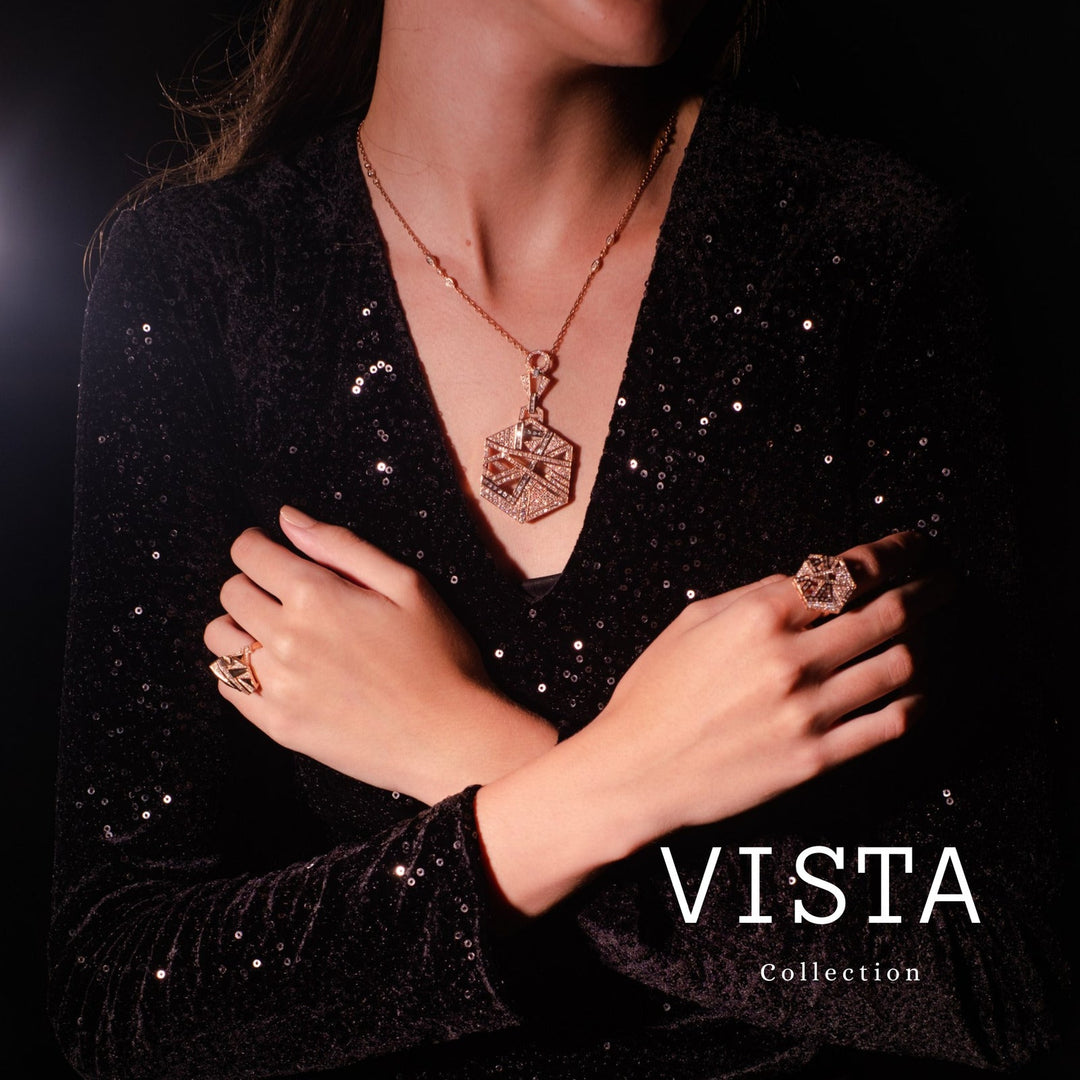 Vista rose gold hexagon pendant styled with black outfit