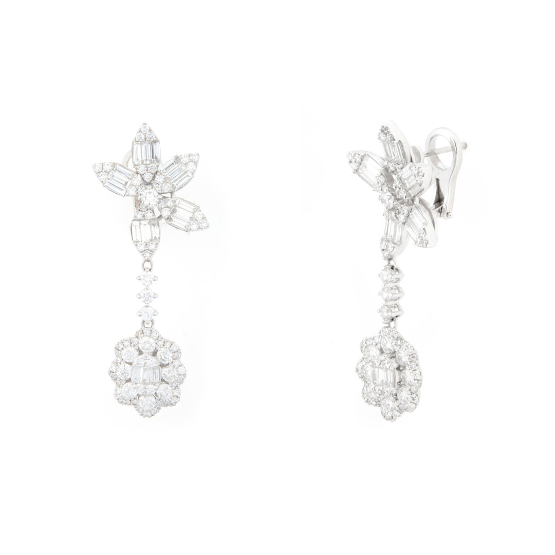 Soit Belle White Gold Flower Baguette And Drop Flower Diamond Earring.