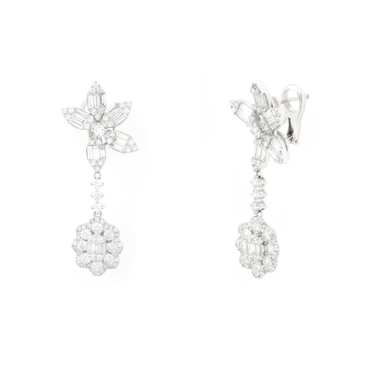 Soit Belle White Gold Flower Baguette And Drop Flower Diamond Earring.