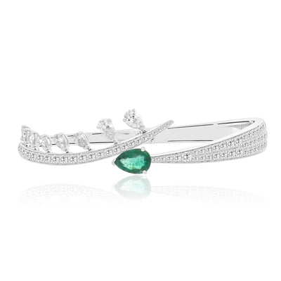 White Gold Diamond Bangle With Natural Emerald