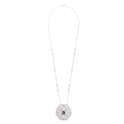 White Gold hexagon Diamond With Natural Stones and Yellow Diamond Pendant