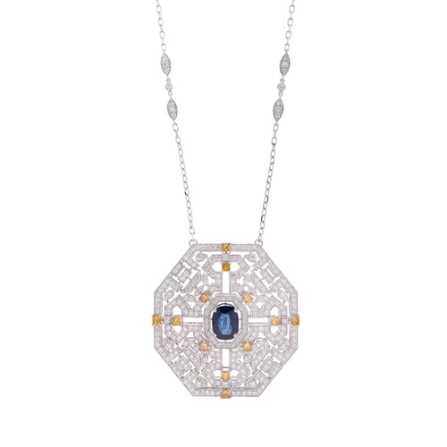 White Gold Diamond Pendant VISTA White Gold hexagon Diamond With Natural Stones and Yellow Diamond Pendant