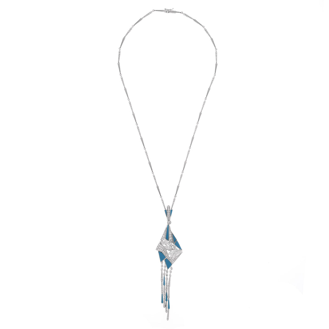 VISTA White Gold pointed Diamond Pendant with tassel and natural turquoise