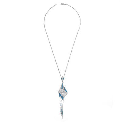 White Gold pointed Diamond Pendant with tassel and natural turquoise