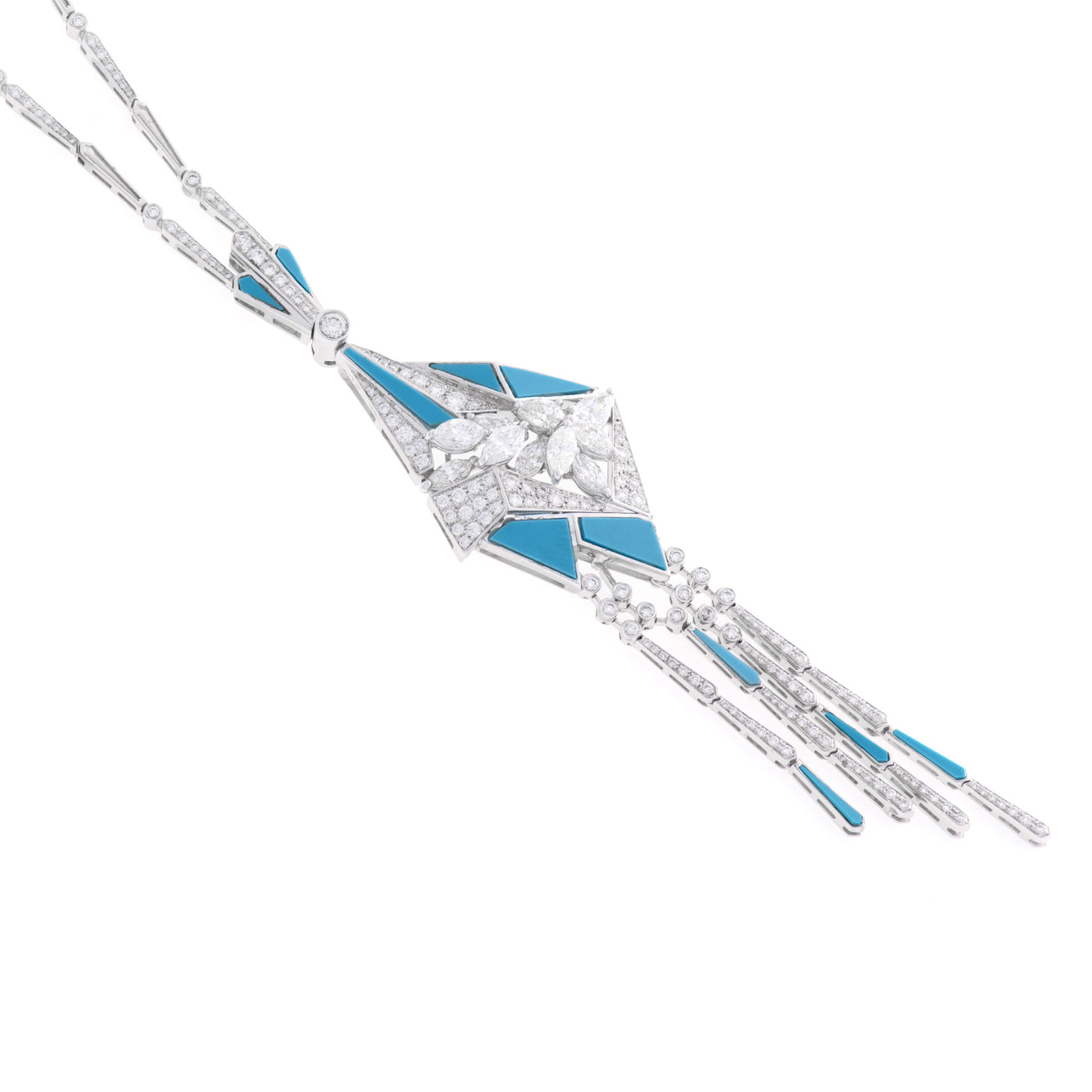 Soit Belle White Gold Pointed Diamond Pendant with Tassel and Natural Turquoise: Exquisite Beauty