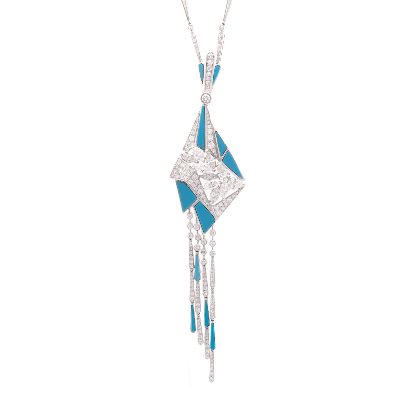 Soit Belle White Gold pointed Diamond Pendant with tassel and natural turquoise