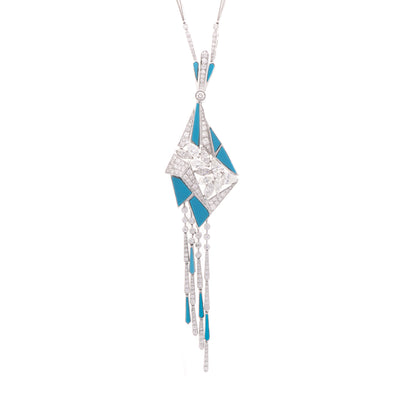 VISTA White Gold pointed Diamond Pendant with tassel and natural turquoise