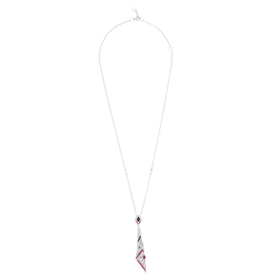 White Gold long pointed diamond pendant with natural Ruby