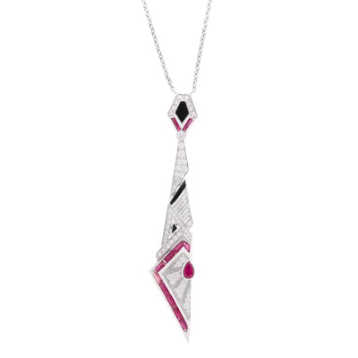 VISTA White Gold long pointed diamond pendant with natural Ruby