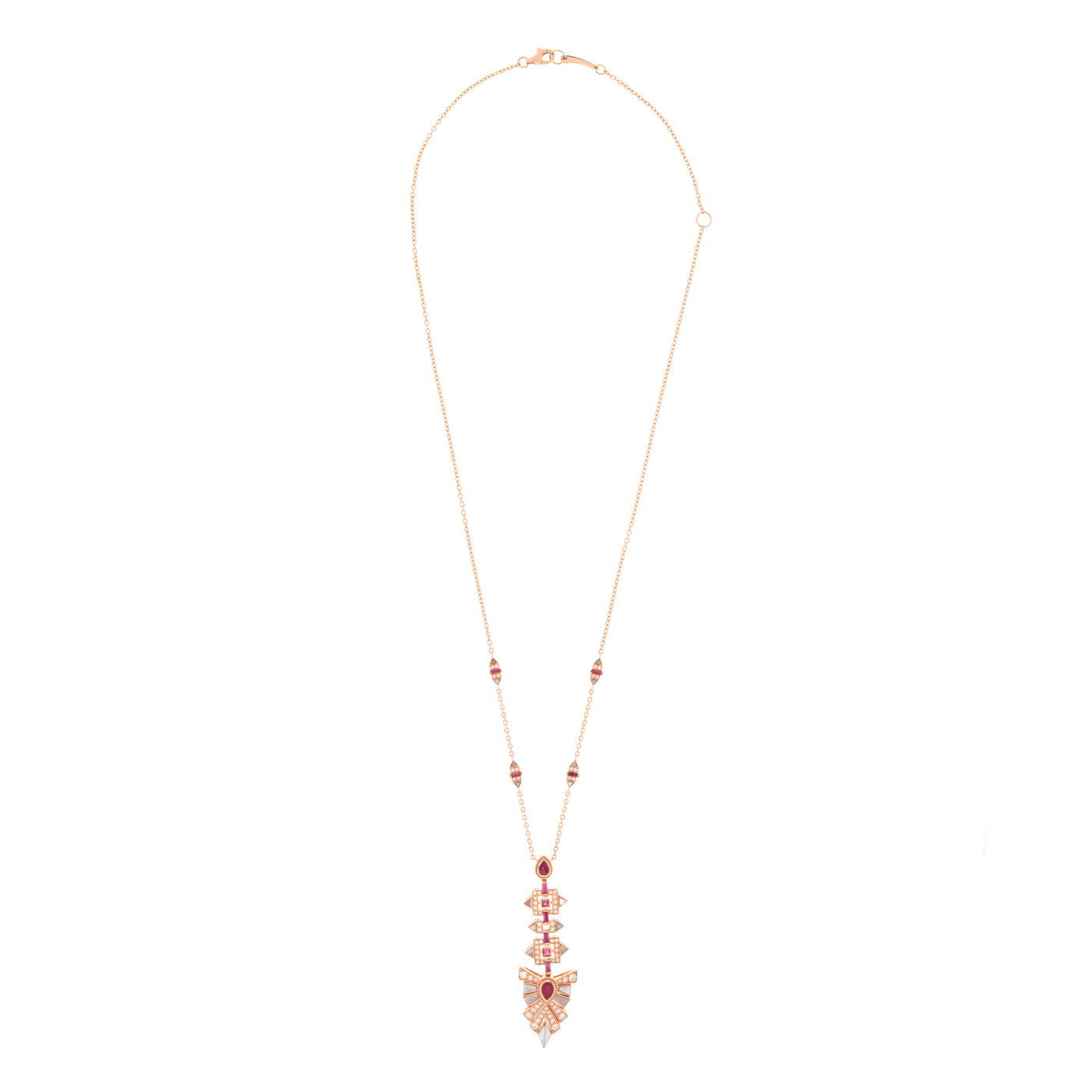 Rose Gold Diamond Long Rays Pendant With Natural Ruby and mother of pearl