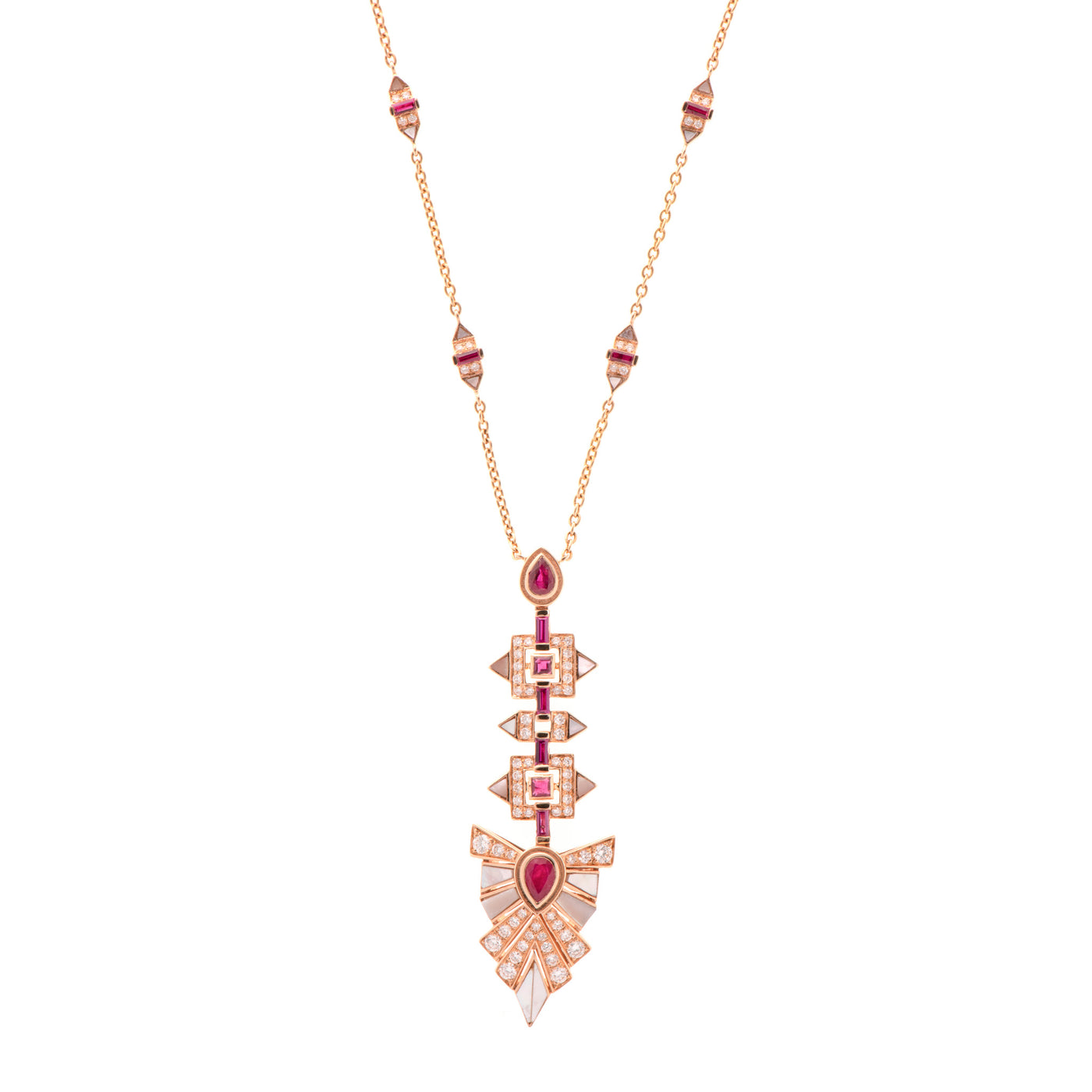 Soit Belle Rose Gold Diamond Long Rays Pendant With Natural Ruby and mother of pearl