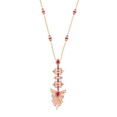 VISTA Rose Gold Diamond Long Rays Pendant With Natural Ruby and mother of pearl