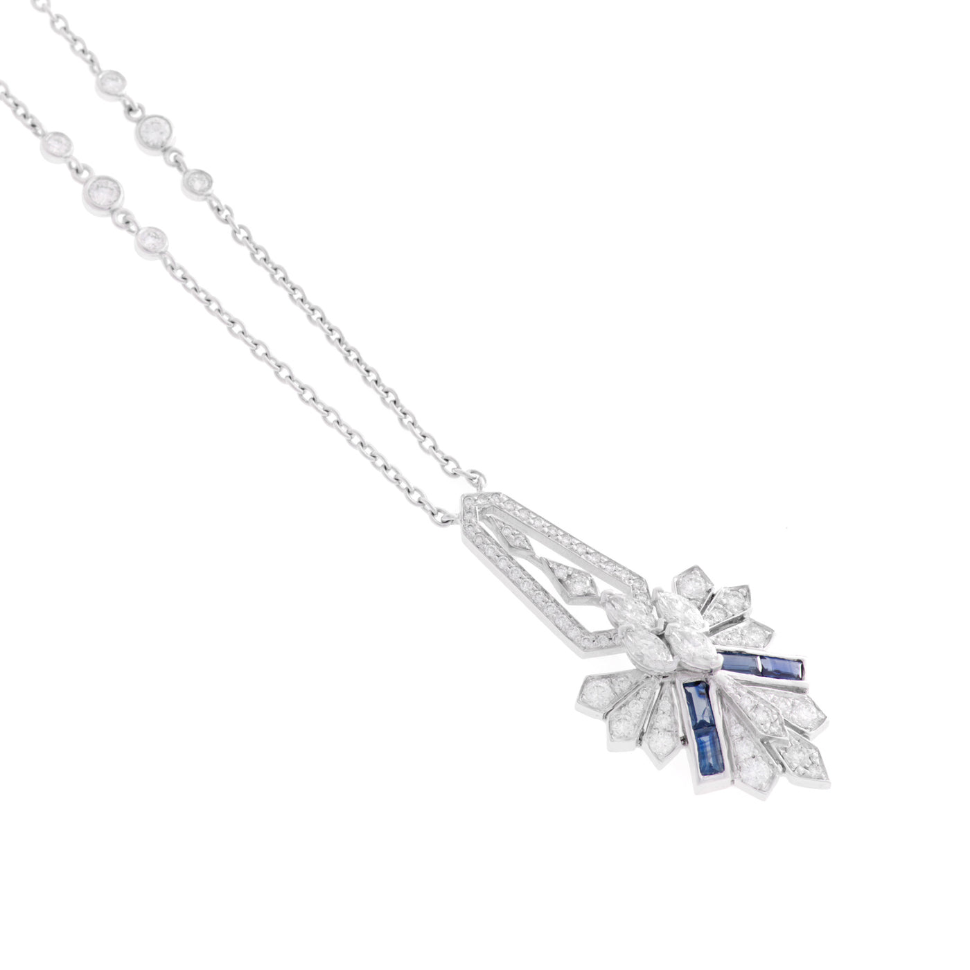 White Gold Diamond Rays Pendant With Natural Blue sapphire