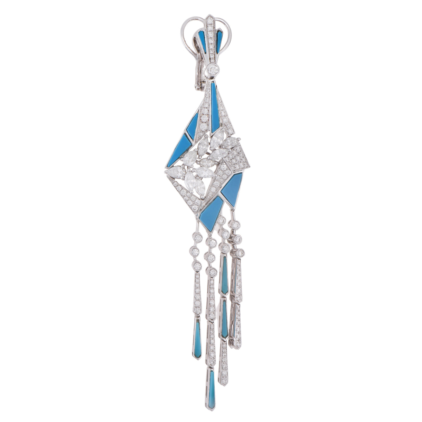 White Gold pointed tassel Diamond Earrings With Natural turquosie