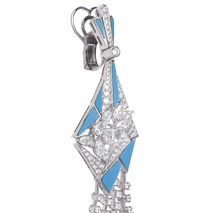 VISTA White Gold pointed tassel Diamond Earrings With Natural turquosie