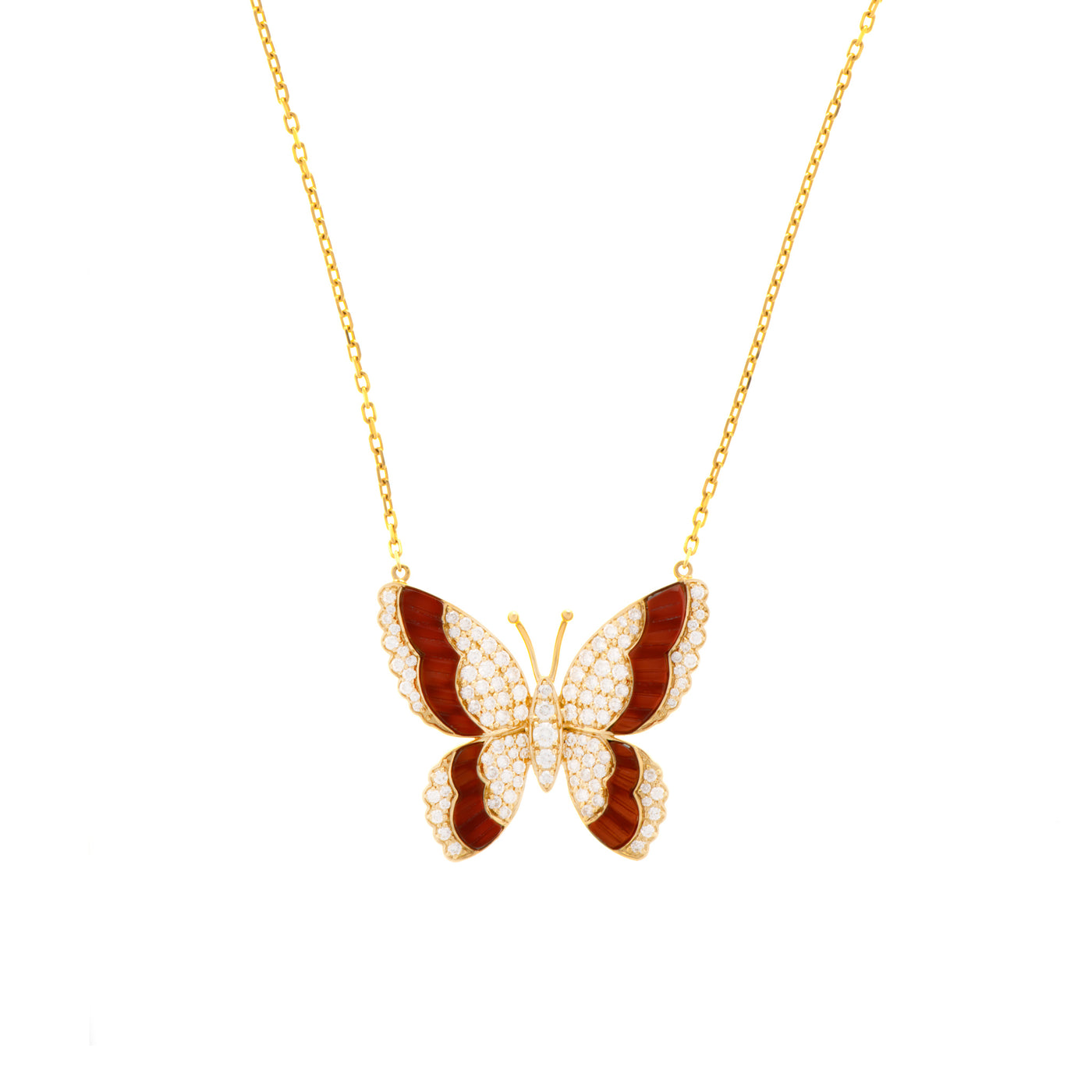 Soit Belle Yellow Gold Diamond butterfly with natural carnelian pendant