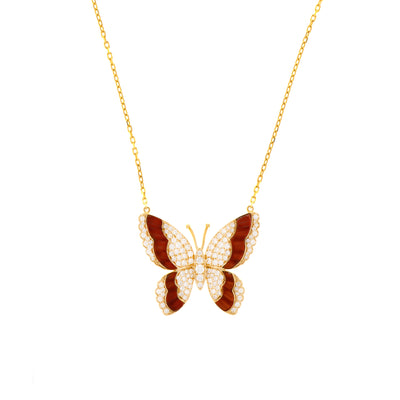 LA MINIERA Yellow Gold Diamond butterfly with natural carnelian pendant