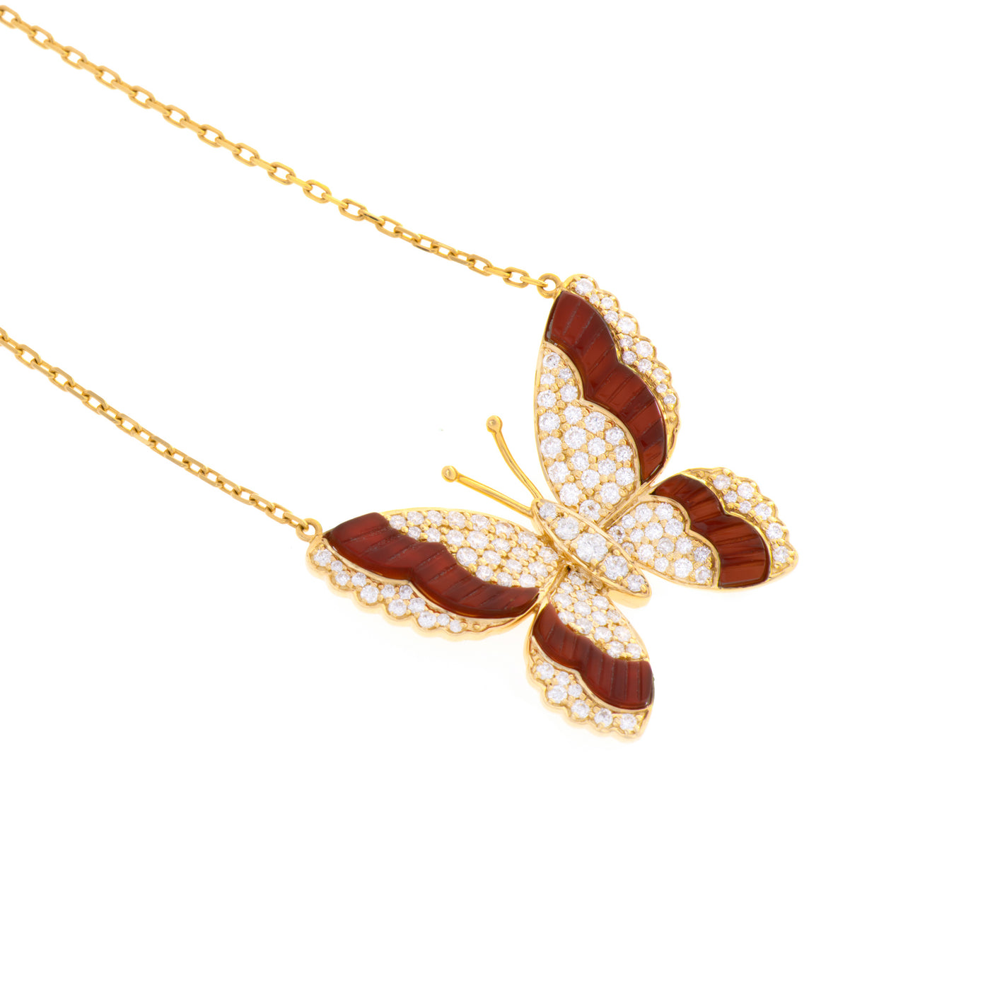 Yellow Gold Diamond butterfly with natural carnelian pendant