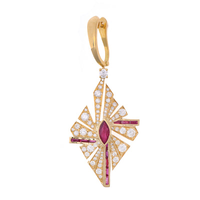 Yellow Gold pointed thick rays Diamond Earrings With Natural Ruby