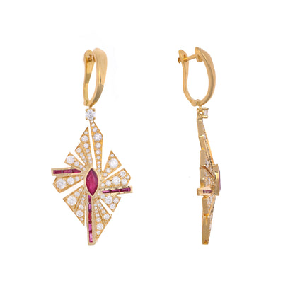 VISTA Yellow Gold pointed thick rays Diamond Earrings With Natural Ruby