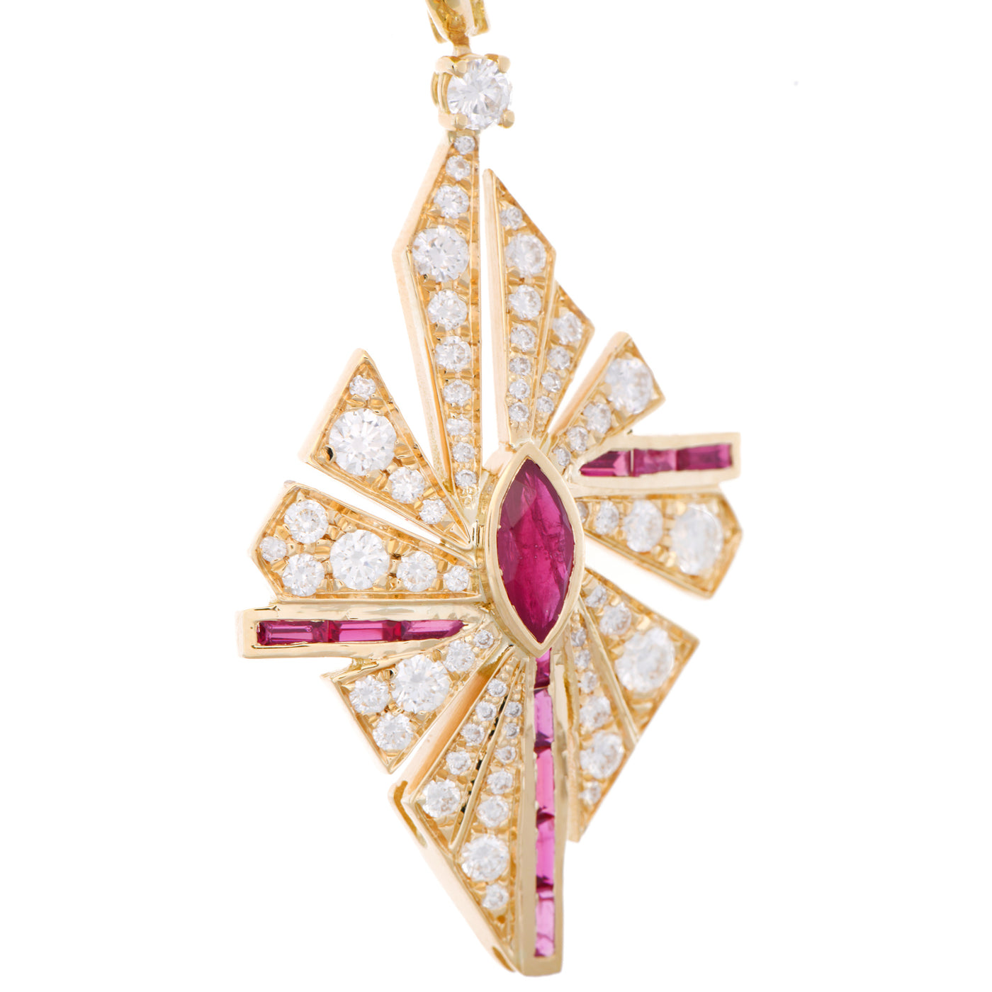 Soit Belle Yellow Gold Pointed Thick Rays Diamond Earrings With Natural Ruby: Radiant Elegance
