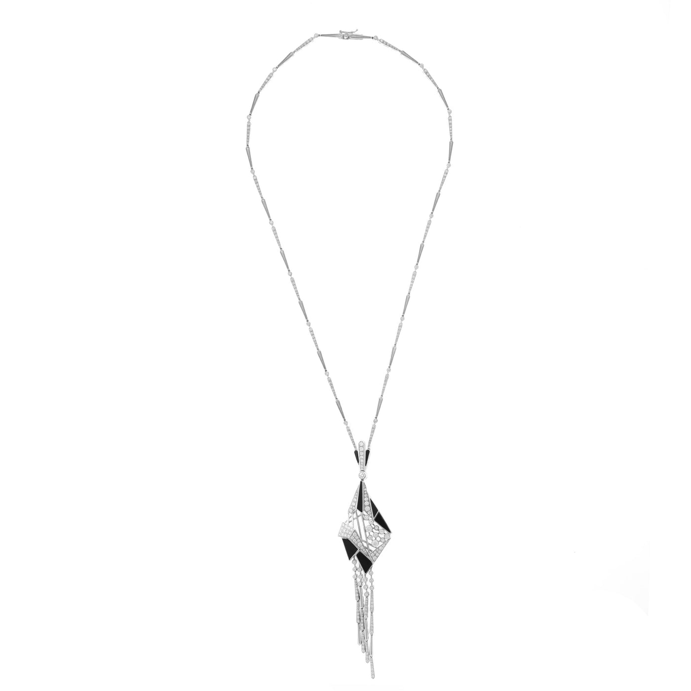 White Gold pointed Diamond Pendant with tassel and Black Onyx