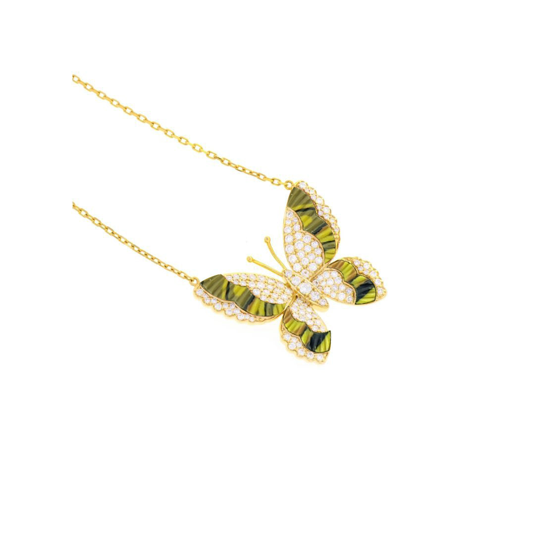 LA MINIERA Yellow Gold Diamond butterfly with natural jasper pendant