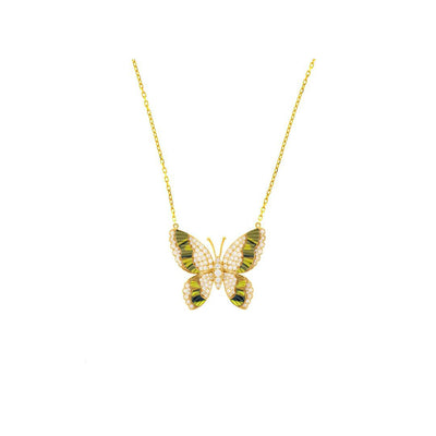 LA MINIERA Yellow Gold Diamond butterfly with natural jasper pendant