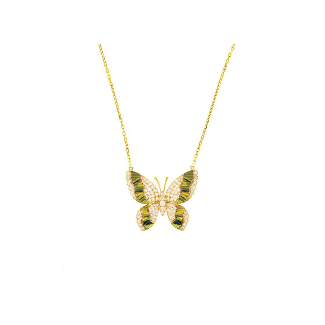 LA MINIERA Yellow Gold Diamond butterfly with natural jasper pendant