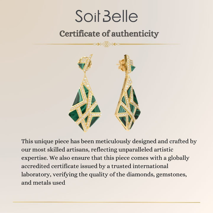 VISTA Yellow Gold Diamond Earrings Pyramid With Malachite