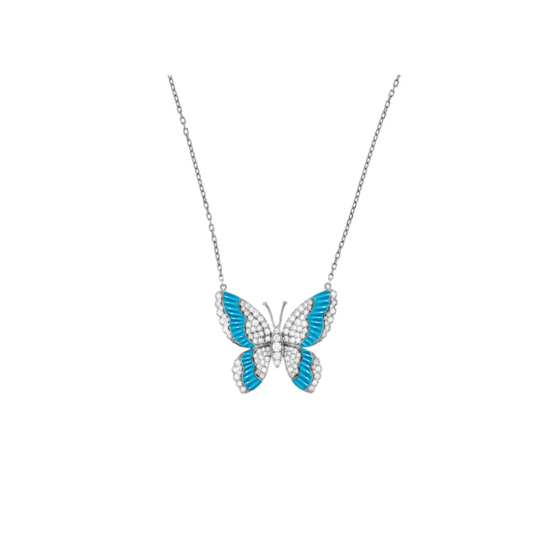 LA MINIERA white Gold Diamond butterfly with natural turquoise pendant