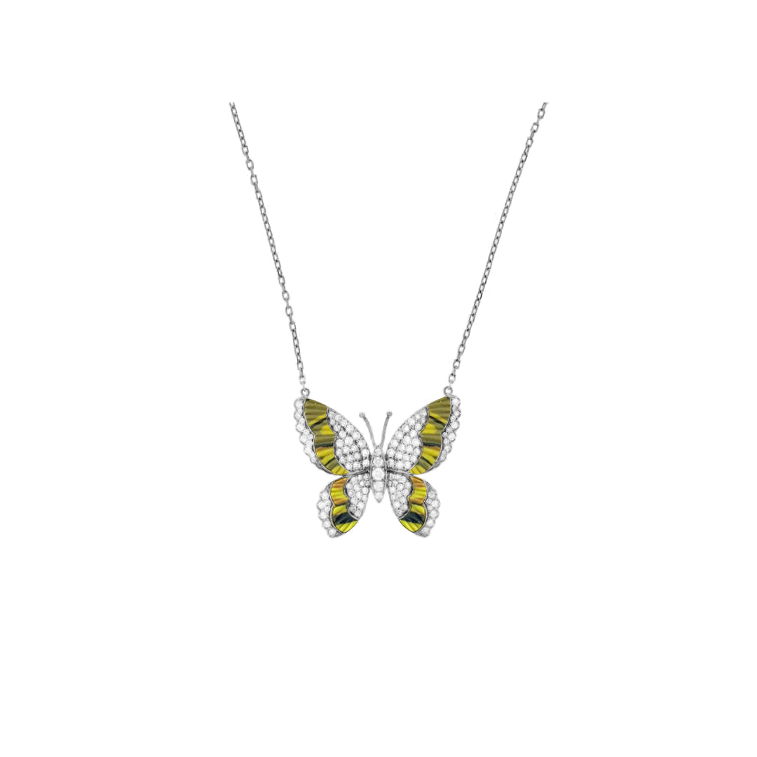  LA MINIERA white 18K gold (750/1000),Diamond Butterfly Pendant with the Warm Glow of Natural jasper with natural yellow sapphire