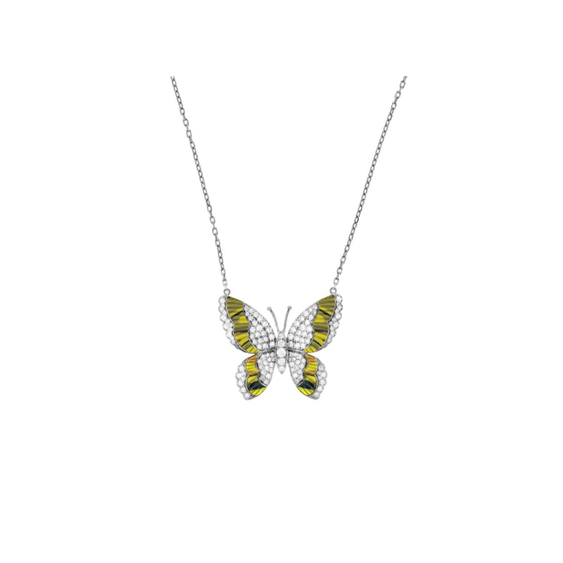  LA MINIERA white 18K gold (750/1000),Diamond Butterfly Pendant with the Warm Glow of Natural jasper with natural yellow sapphire