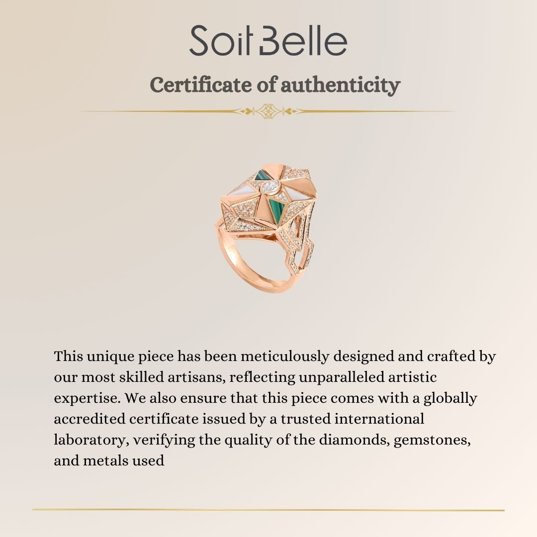 VISTA Rose Gold Diamond Geometric Ring With Malachite and Mather Of Pearl