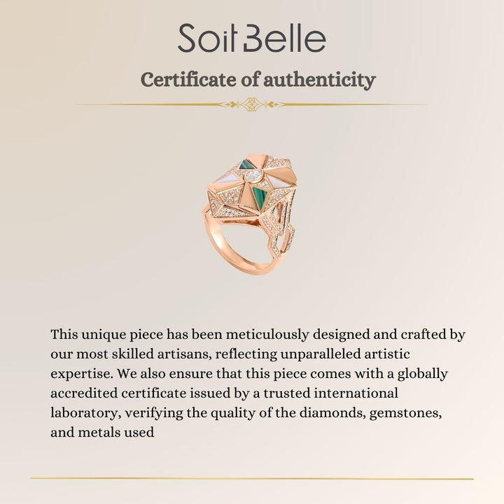 VISTA Rose Gold Diamond Geometric Ring With Malachite and Mather Of Pearl