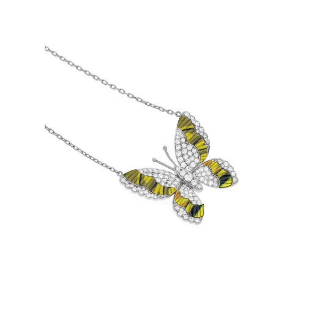  LA MINIERA white 18K gold (750/1000),Diamond Butterfly Pendant with the Warm Glow of Natural jasper with natural yellow sapphire