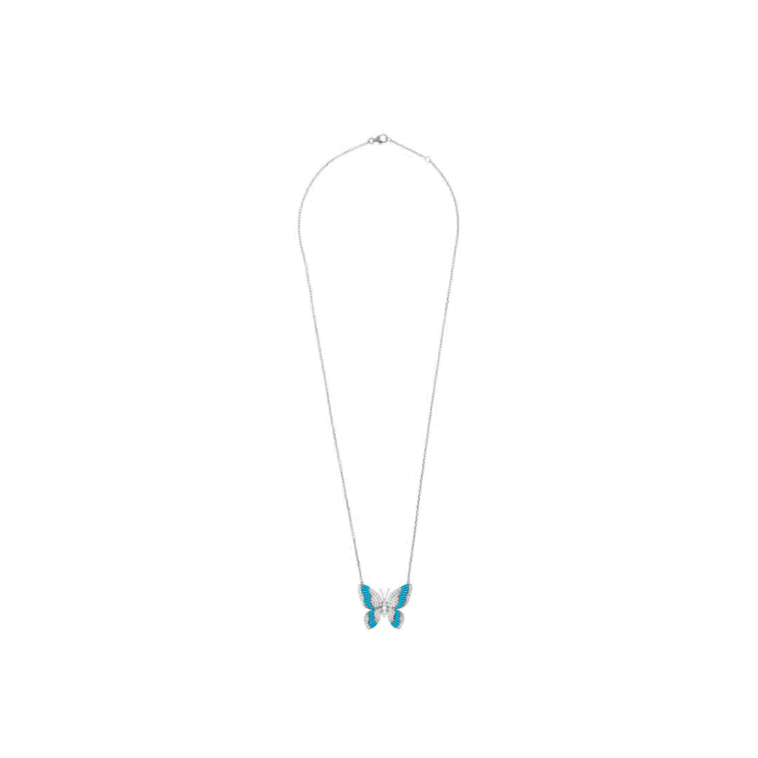 LA MINIERA white Gold Diamond butterfly with natural turquoise pendant