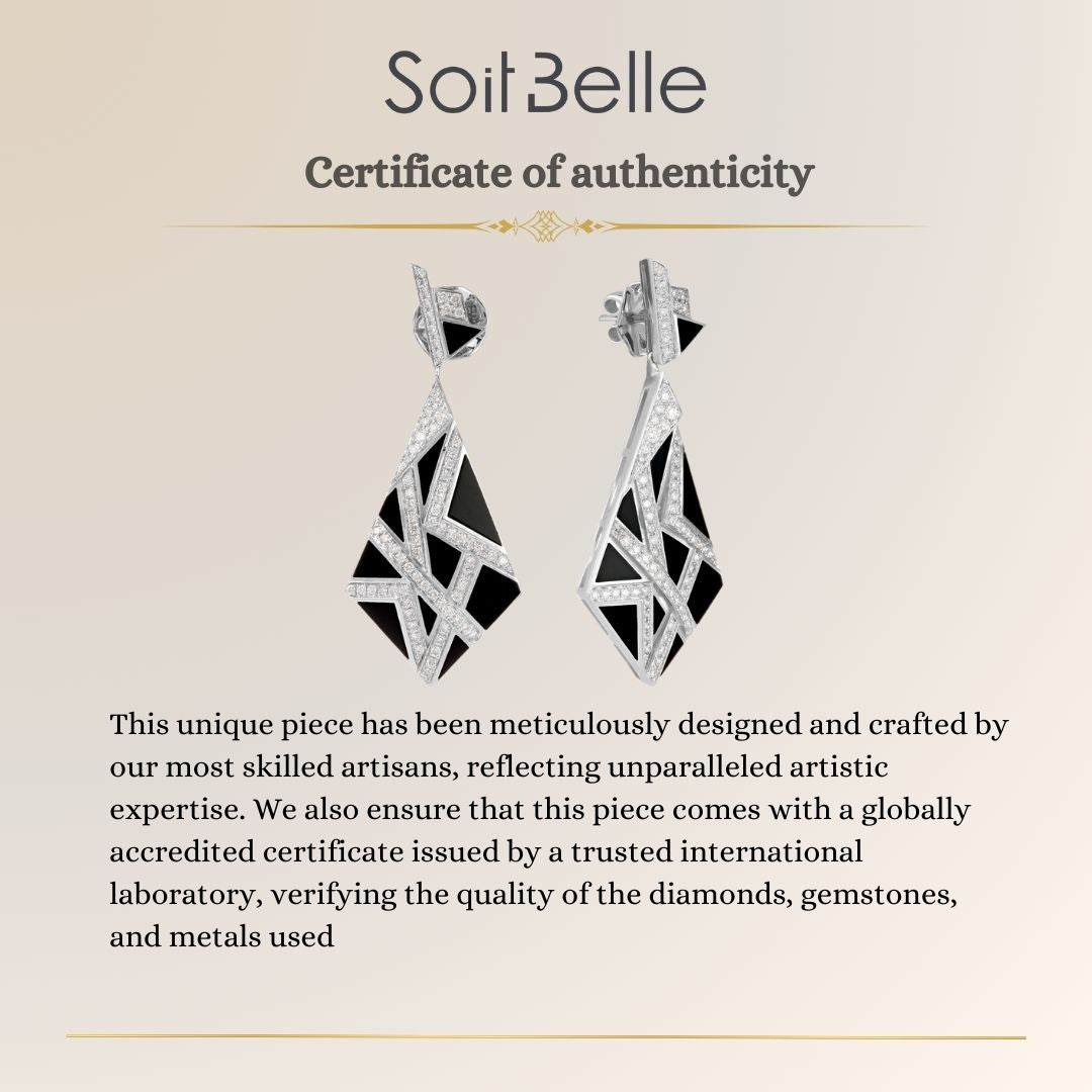 VISTA White Gold Diamond Earrings Pyramid With Black Onyx