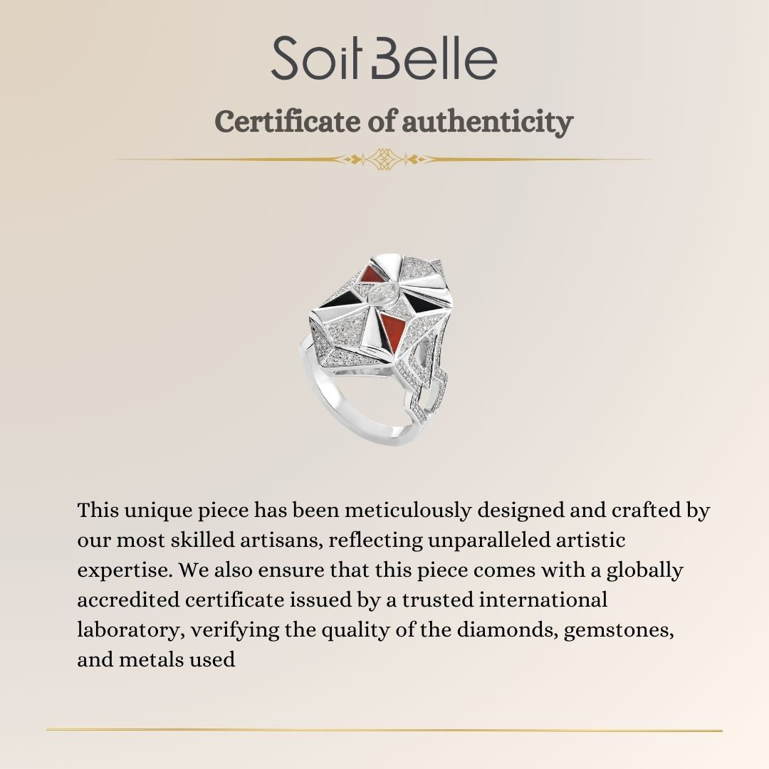 VISTA White Gold Diamond Geometric Ring With Black Onyx and Carnelian