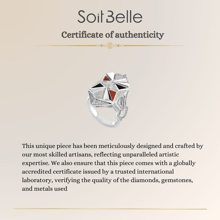 VISTA White Gold Diamond Geometric Ring With Black Onyx and Carnelian
