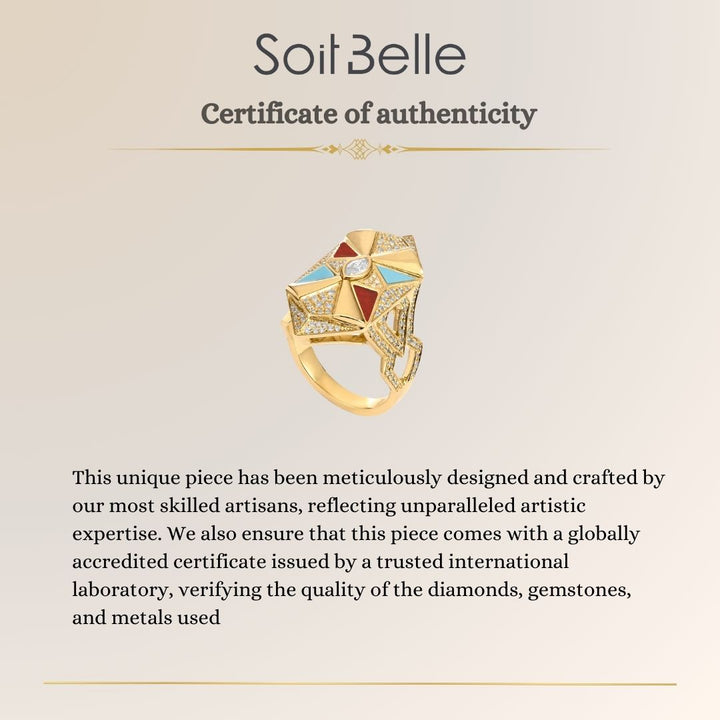 VISTA Yellow Gold Diamond Geometric Ring With Turquoise and Carnelian