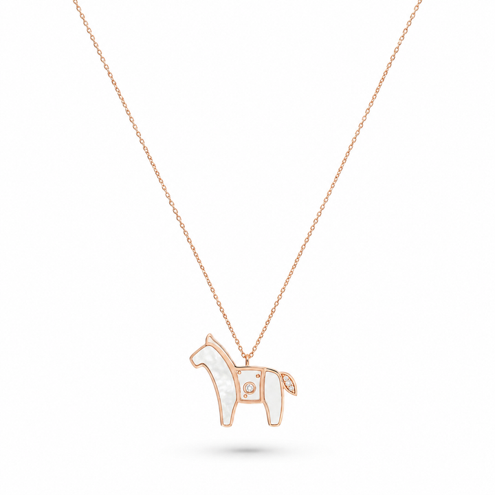 ICONS Rose Gold Diamond Horse Pendant White Mother of Pearl