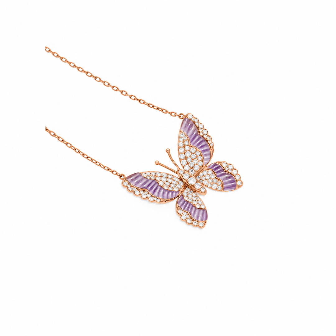 LA MINIERA Rose Gold Diamond butterfly with natural Amethyst