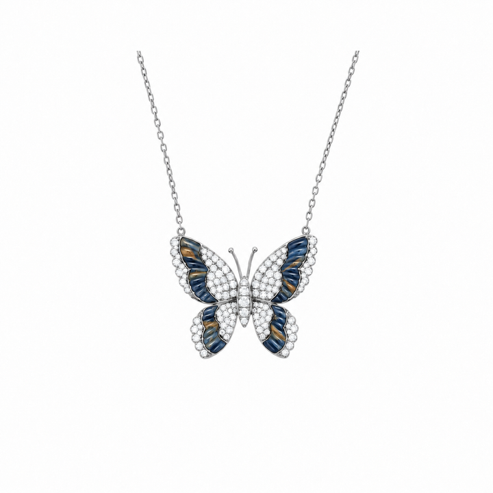 LA MINIERA White Gold Diamond butterfly with natural Pietersite