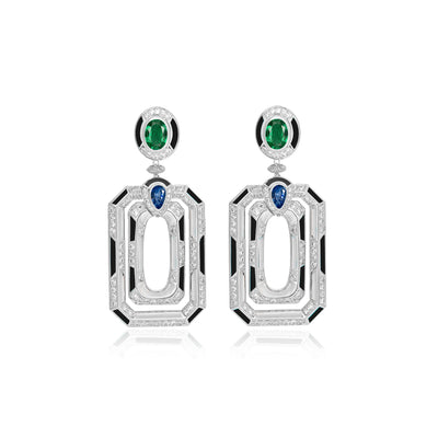 D' OPRAH white Gold Diamond Earrings Emerald Blue Sapphire Natural Stones