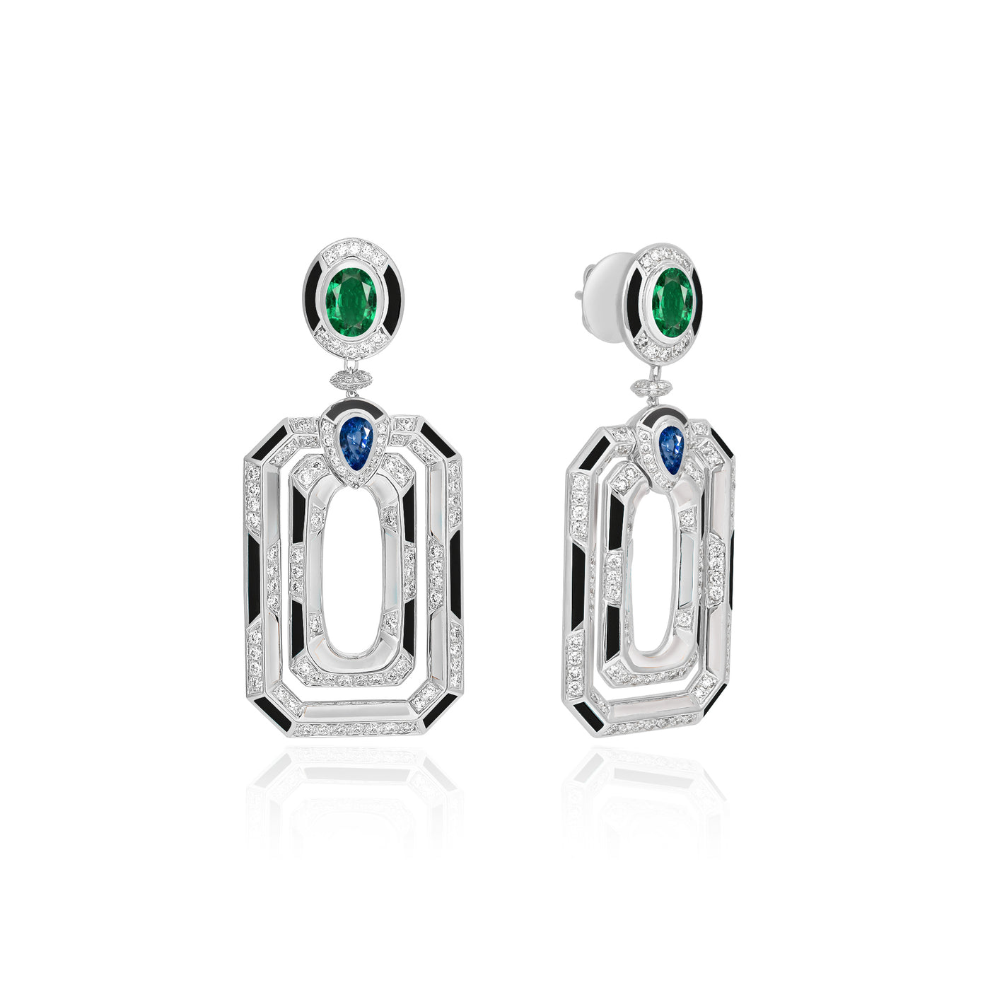 D' OPRAH white Gold Diamond Earrings Emerald Blue Sapphire Natural Stones