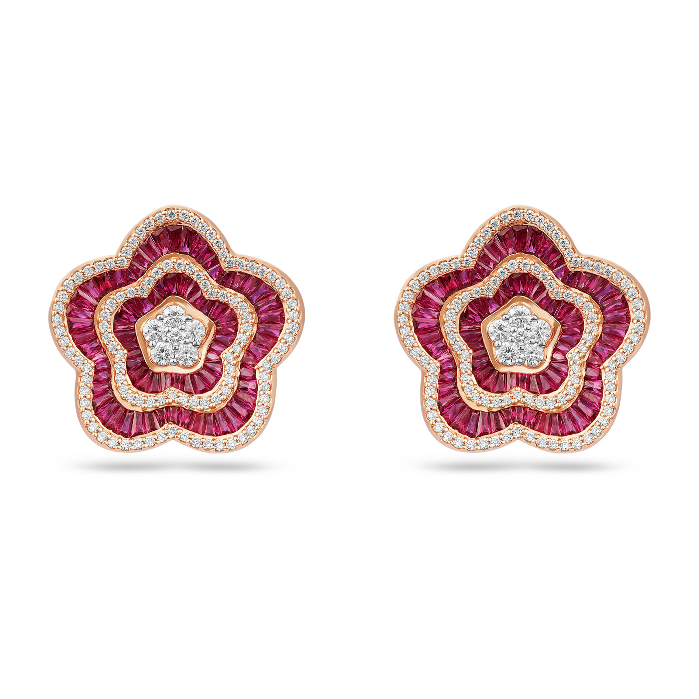 Rose Gold Flower Diamond and Ruby Earrings