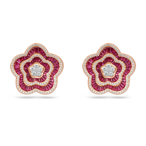 Rose Gold Flower Diamond and Ruby Earrings RONZA Rose Gold Flower Diamond and Ruby Earrings