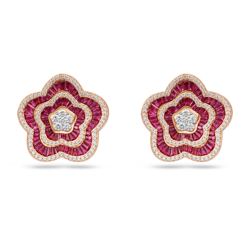 Rose Gold Flower Diamond and Ruby Earrings